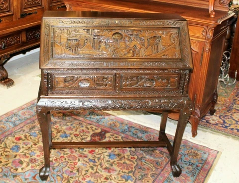 Carved Mahogany 2 Drawer Front Drop Desk | Home Office Furniture Cover