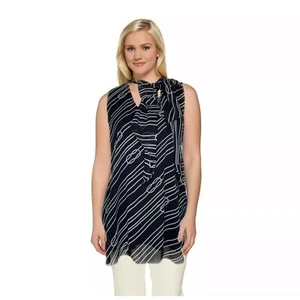 Susan Graver Print Chiffon Sleevless Tunic w/ Scarf Petite XS PXS Black A397791 - Picture 1 of 7