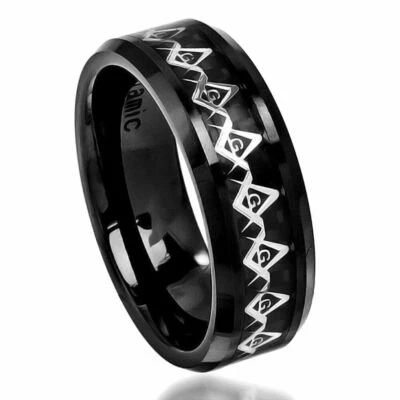 8mm Men's or Ladie's Ceramic Masonic Symbol Carbon Fiber Inlay Wedding Band Ring - Image 1 of 4