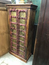 Rustic Armoire Antique Indi BOHO Brass Camel Doors PINK Accent Cabinet Storage 