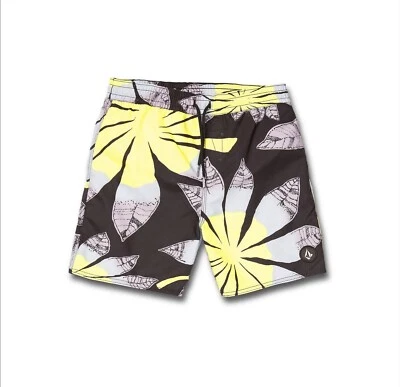 🍒 Volcom Boys Poly Party Swim Trunks, BLACK,Green & yellow- S - Image 1 of 3