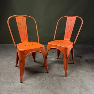 Pair of Orange Tolix Style Chairs with Worn Paint Effect - Picture 1 of 6