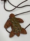 25" Red Terra Cotta Clay Turtle Necklace Thick Signed OLD Vintage 1.75x1.75"glaz