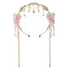 Women Pink Floral Halo Crown With Long Beads Chain Show Bridal Party Headpiece
