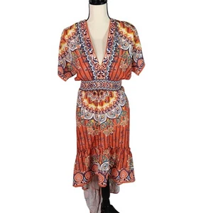 NWT Rockin' C Western Boho Orange V-neckline High Low Pattern Dress, Small - Picture 1 of 11