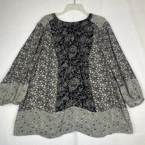 Cynthia Rowley Top  Size 2X Black/Gray Floral Balloon Sleeve Flowy Boho - Picture 1 of 12