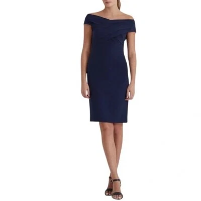 Lauren Ralph Lauren Womens Dress Size 12 Blue Crepe Off Shoulder Cocktail New - Image 1 of 4