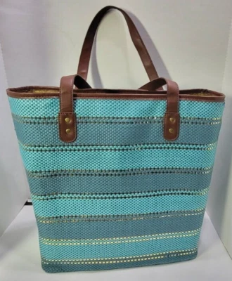 Merona Woven Beach Bag Tote Turquoise Metallic Gold Boho Vacation Target - Image 1 of 4