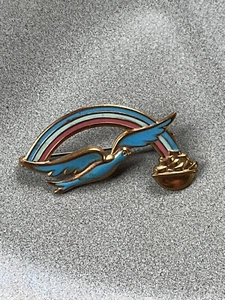 Vintage Blue Bird Flying into Enamel Rainbow w Pot of Gold Goldtone Pin Brooch – - Picture 1 of 5