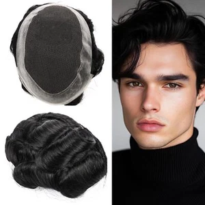 Mens Toupee Wigs French Lace Poly Pu Around Human Hair Piece Replacement System - Picture 1 of 61