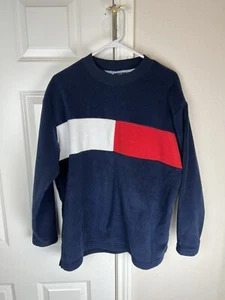 Tommy Hilfiger Blue Crew Neck Long Sleeve Pullover Fleece Big Flag Red Size L - Picture 1 of 7