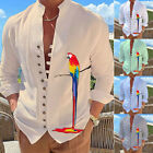 Men's Bird Printed Shirts Stand-Up Collar Long-Sleeved Casual Blouse Plus Size 
