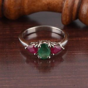 Natural Ruby & Emerald Gemstone Three-stone Ring women 925 Sterling silver - Picture 1 of 8