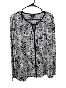 Liz Claiborne Tunic Top Blouse Stretch Black White Long Sleeve Womens Large - Picture 1 of 12