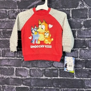 Bluey Boy's 18 Months Sweatshirt SMOOCHY KISS Red Gray Heart Bluey Bingo Chilli - Picture 1 of 7