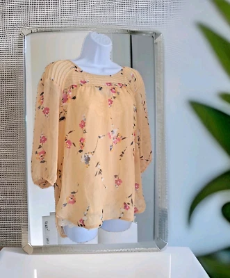 Lauren Conrad Popover Top M Yellow Floral Sheer Under Cami 3/4 Sleeve Peasant  - Image 1 of 4