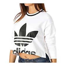 adidas Sweater Cropped Trefoil Crew Neck Sweatshirt Women White Sz M 438