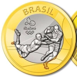 Brazil 1 real 2015 UNC Rugby Rio Olympics 2016 Bi-Metallic Bimetal - Picture 1 of 2