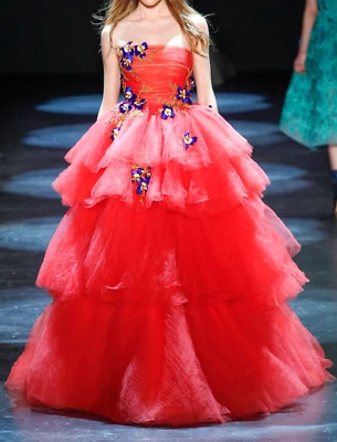 Monique Lhuillier Collection Runway Tulle Floral Embroidered Long Gown Dress 4 - Image 1 of 4