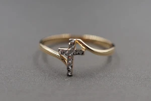Real 10kt Two Tone Gold Womens Cross Religious Ring Band Size 7 - Picture 1 of 6