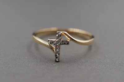Real 10kt Two Tone Gold Womens Cross Religious Ring Band Size 7 - Image 1 of 4