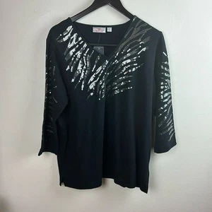 NWT Quacker Factory 3/4 Sleeve Zebra Fun Sequin T-shirt Black XL A209291 - Picture 1 of 7