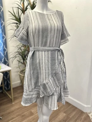 Женщин в полоску мини надежном платье Sz S/M синий белый оборки подпоясанный хлопок льняной вид - Изображение 1 из 4