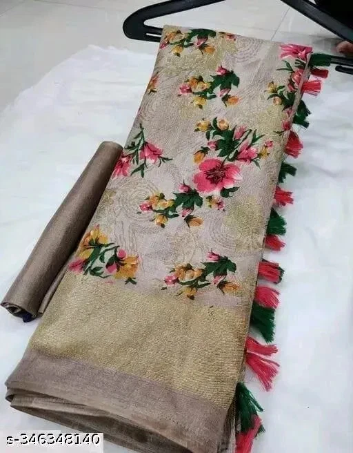 Sari de seda artística de moda estampado listo para usar con material de blusa Foto 1 de 1