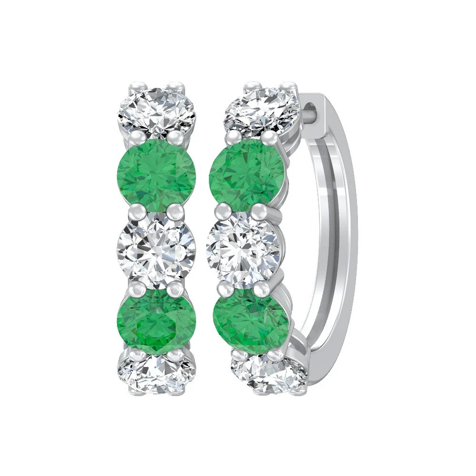 Natural Emerald & Lab Grown Diamond Hoop Earrings 14K White Gold 2.09gm - Image 1 of 4