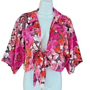 Pleione Damen bunt Blumendruck vorne zum Binden Cropped Cover Up/Shrug Größe M - Bild 1 von 7