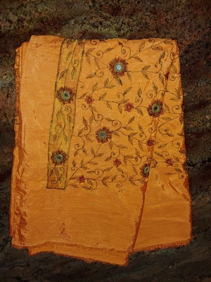 Silk Sarees Fabric Embroidered Mirrored Peach 5.44yards 42"w - Image 1 of 4