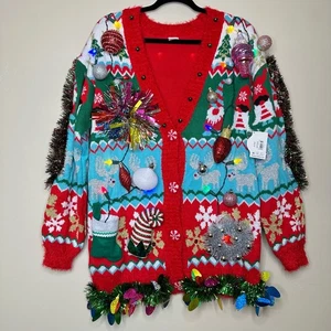 Cardigan maglione brutto Natale LIGHT UP Tacky Tinsel vincitore festa di Natale Medium - Foto 1 di 5