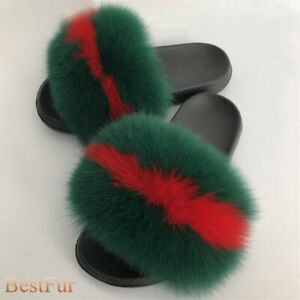 Red/Green-Womens Slides Real Fox Fur Sliders Beach Sandals Slippers Casual shoes