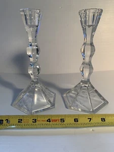 PAIR OF CLEAR CRYSTAL CANDLESTICK HOLDERS 8” Toll - Picture 1 of 4