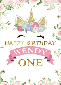 UNICORNIO BLANCO ORO ROSA PERSONALIZADO FIESTA CUMPLEAÑOS BANNER TELÓN DE FONDO DECORACIÓN - Imagen 1 de 4