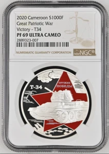 1000 FRANCS 2020 REPUBLIC OF CAMEROON VICTORY WEAPON T-34 SILVER PROOF NGC PF69 - Picture 1 of 5