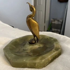 ANTIQUE ART DECO BRONZE KINGFISHER ASHTRAY ON GREEN MARBLE BASE - Picture 1 of 5