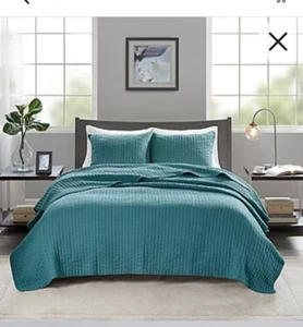 Madison Park King Teal Jaxson Antimicrobial Treated 3-Pc Quilt Set Channel Quilt - Picture 1 of 7