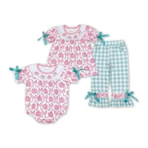 Autumn Sibling Baby Clothing Embroidery Cute Pink Pumpkin Bow Tunic Set & Romper - Picture 1 of 5
