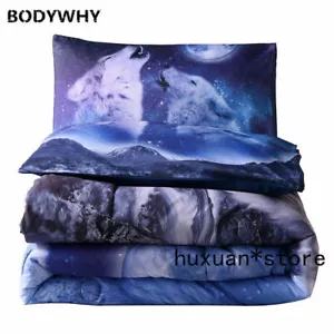 Moon Wolf Bedding Set Comforter Set Kids Teens Men Queen Quilt + 2X Pillowcases - Picture 1 of 9