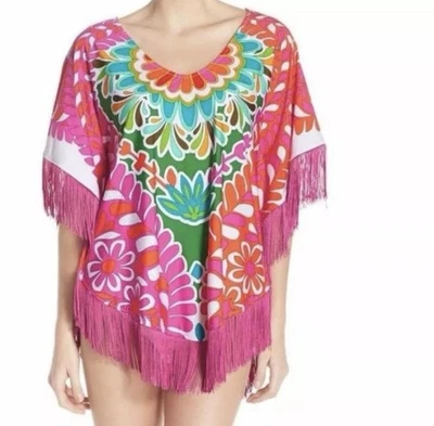 Trina Turk Womens Fringed Swim Coverup Sz Small Colorful Artsy Resortwear Beachy - Image 1 of 4