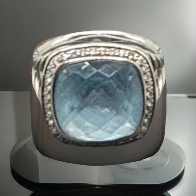 Anillo David Yurman Topacio Azul 14 MM Diamante Plata de Ley Talla 8 (AL POR MENOR $1800) Foto 1 de 4
