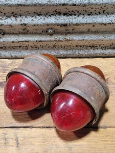 Set Of 2 Antique Glass Automobile Fender Marker Lights Red Amber Rat Rod Bullet - Bild 1 von 12