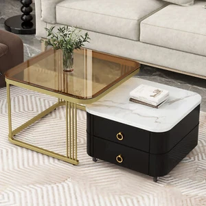 2-in-1 Nesting Coffee Tables w/Wheels &Drawers,Stacking Table w/Marble Grain Top - Picture 1 of 18