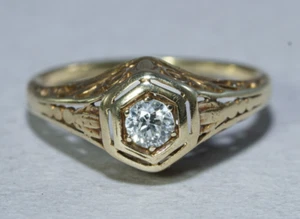 EDWARDIAN 14K Yellow Gold .25ct Natural Diamond Filigree Ring Size 8 - Picture 1 of 12