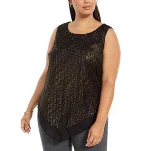 Alfani Womens Black Metallic Sleeveless Scoop Neck Pointed Hem Tank Top Plus 1X - Picture 1 of 6