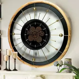 The Gears Clock SPAIN LINE WALL CLOCK ROUND 32 INCH "BARCELONA" BLACK AND WOOD - Picture 1 of 24