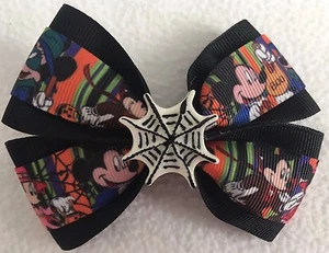 Girls Hair Bow 4" Wide Mickey Minnie Halloween Spiderweb Flatback Frnch Barrette - Picture 1 of 2