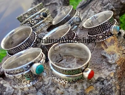 Lote de anéis giratórios de meditação folheados a prata 925 opalita e mista de pedras preciosas - Imagem 1 de 3