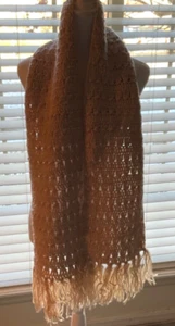 Neck Scarf Wrap Hand Crochet Cozy Tan With Fringe 60" Long Washable - Picture 1 of 3